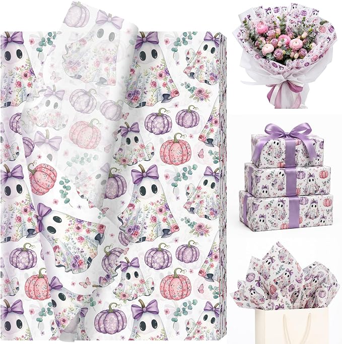60 Sheets Trendy Boho Ghost Tissue Paper, 13.8 x 19.7'' Spooky Autumn Pumpkin Gift Wrapping Paper for Halloween DIY Craft Autumn Party Supplies - skull toilet paper