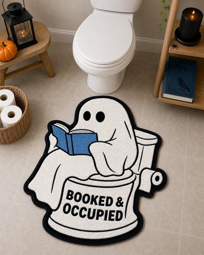 Halloween Bath Mat, Cute Ghost Toilet Rug, Funny Bathroom Decor, Non Slip - skull toilet mat