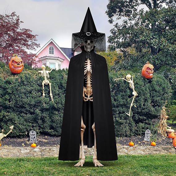 Halloween 12 ft Skeleton Witch Theme Costume, Giant Skeleton Outfit Set Includes Witch Hat and Cloak - skeleton