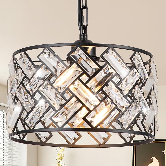 Black Crystal Drum Pendant Light with Adjustable Chain, 9.84 Inch