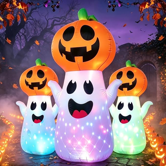 5FT Halloween Inflatable Ghost with Pumpkin with 3-Pattern Colorful Led Light Light Up Yard Decoration Cute Spooky Blow Up Figure Decorations for Outdoor Lawn & Party - skull inflatable