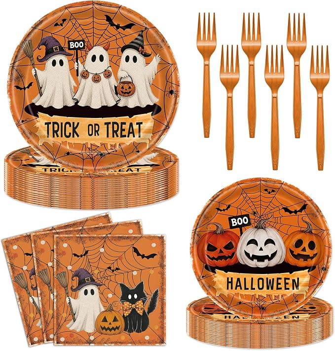 96 Pieces Halloween Plates and Napkins, Ghost Pumpkin plates, Trick or Treat Disposable Tableware with Paper Plates Napkins and Forks for Halloween Party Supplies, Birthday Decorations - Serves 24 - skull plate