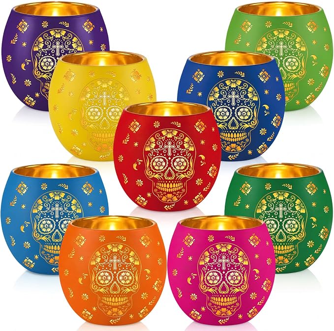 Meanplan 9 Pcs Day of The Dead Decorations Votive Candle Holders with LED - skull candle