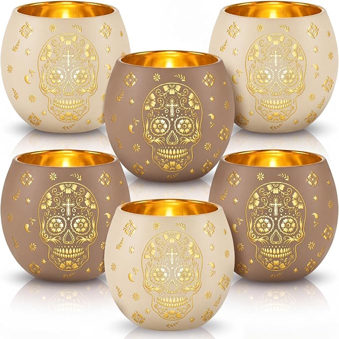 Meanplan 6 Pcs Day of The Dead Decorations Votive Candle Holders with LED - skull candle