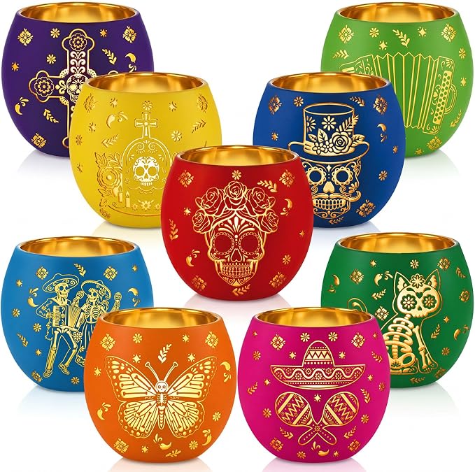 Meanplan 9 Pcs Day of The Dead Decorations Votive Candle Holders with LED - skull candle