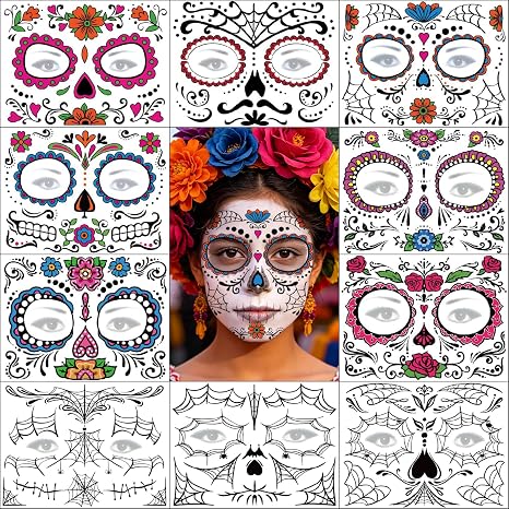 Day of the Dead Face Tattoos 10 Sheets - Halloween Temporary Tattoos Sticker Kit Día de Los Muertos Glitter Red Roses Skeleton Sugar Skull Fake Tattoo for Halloween Makeup on Face Body - sugar skull makeup