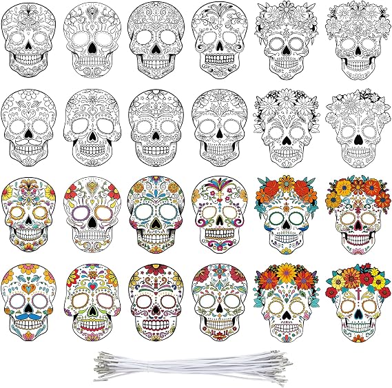 24 Pcs Day of the Dead Mask Craft Kit for Kids Halloween Crafts DIY Coloring Sugar Skull for Dia De Los Muertos Altar - sugar skull costume