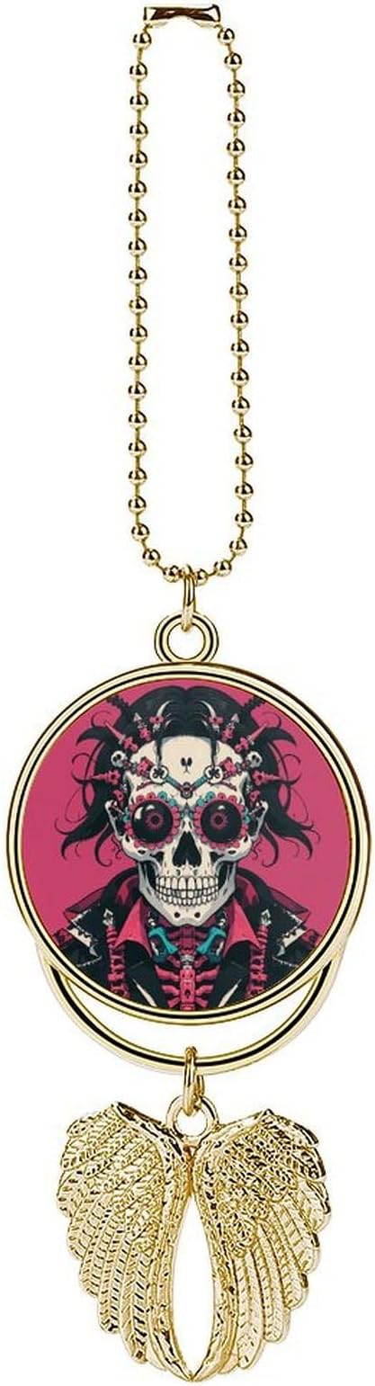 Rock Brothers Skulls Theme Car Hanging Pendant – Angel Wings Car Rear View Mirror Charm – Metal Hanging Accessory for Women & Men, Sun Catcher Pendent, Decoration Cars Pendant Jewelry Gift Golden