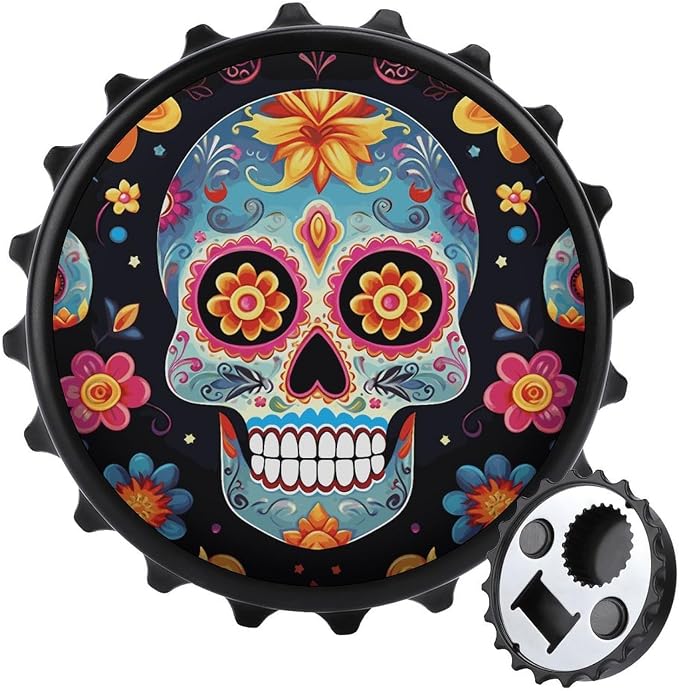 Fridge Magnets Multifunctional Magnetic Bottle Opener with Beer Cap Catcher Coaster, Sugar Skulls Refrigerator Magnets Beverage Bottle Openers for Home Party Bar Kitchen Gifts - skull coaster