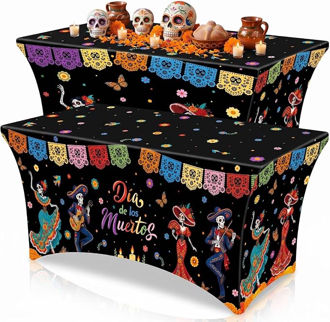 Moukeren 2 Pcs Day of The Dead Tablecloth 6 ft Halloween Dia De Los Muertos - skull carpet