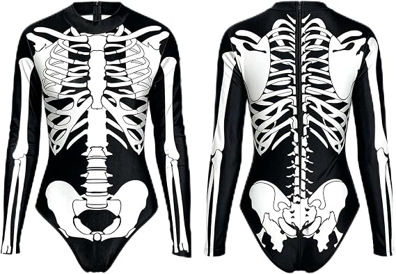 Women's Skeleton Halloween Costume Bodysuit, Long Sleeve Full-Body Skull Print Jumpsuit Catsuit for Cosplay Party - sugar skull dress