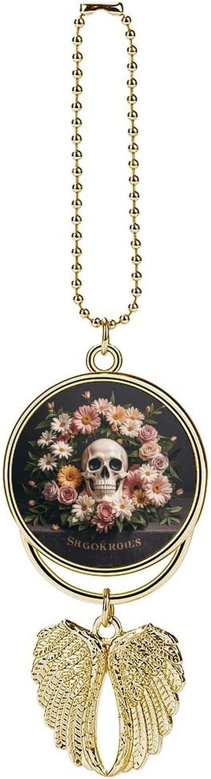 Bonsai Tree Sugar Skull Car Hanging Pendant – Angel Wings Car Rear View Mirror Charm – Metal Hanging Accessory for Women & Men, Sun Catcher Pendent, Decoration Cars Pendant Jewelry Gift Golden