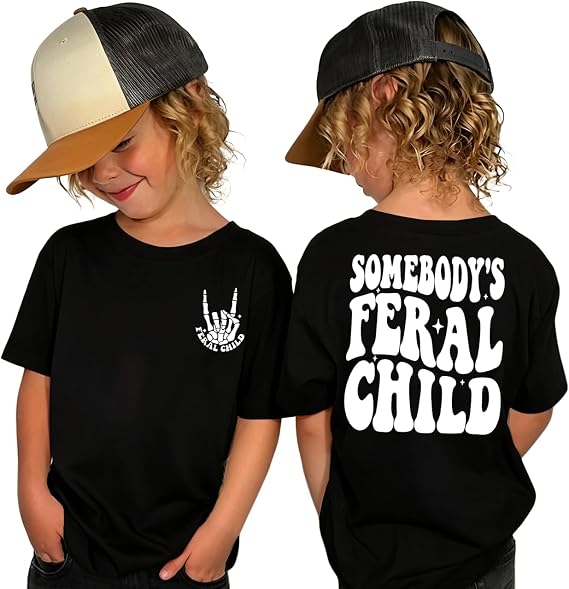 BOUTIKOME Toddler Boy Girl Halloween Shirt Skeleton Hand Rock T-Shirt Kids Retro Somebody's Feral Child Short Sleeve Tee - skull tshirt