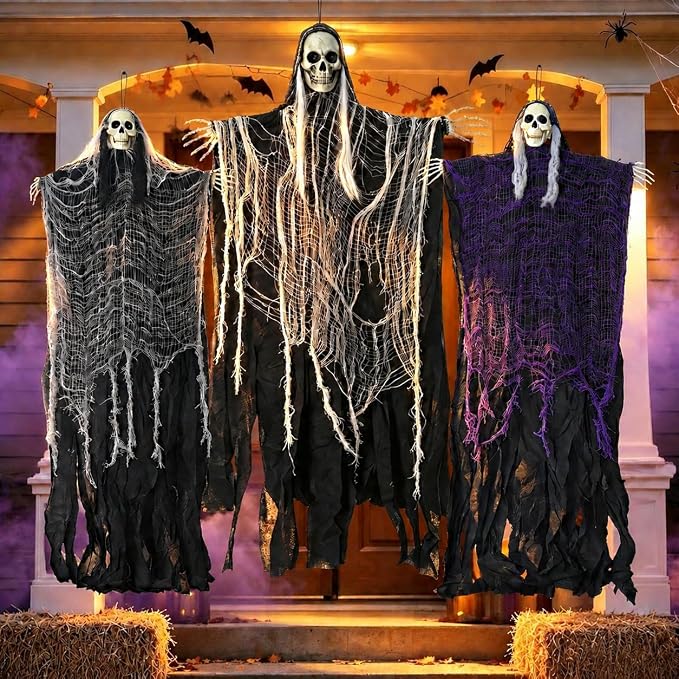 Hanging Halloween Decorations Halloween Skeleton Decorations 3 Pcs One 54.3" and Two 51.1" Grim Reapers Skeletons for Halloween Hanging Ghosts Skeleton for Porches, Yards and Doorways - skeleton