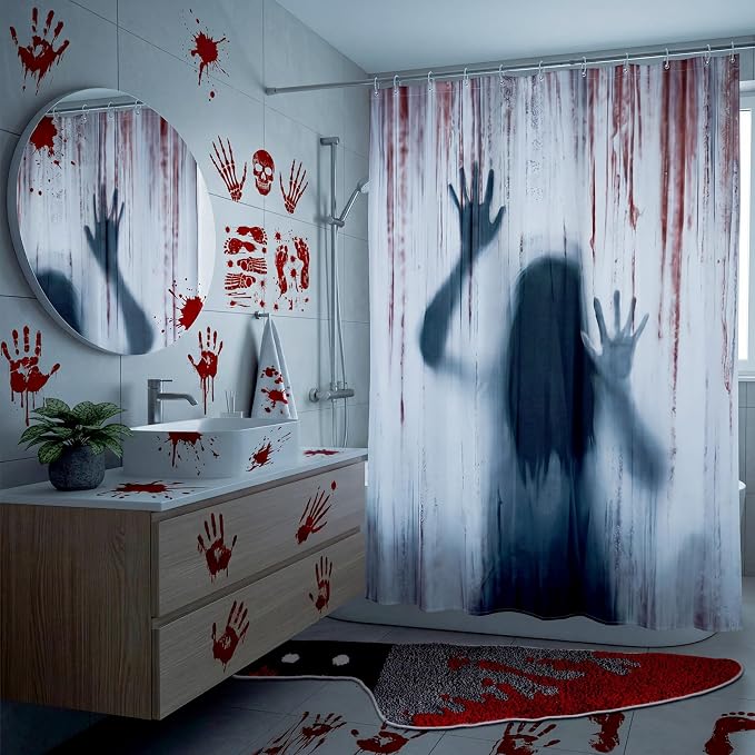 Gilprop 3 Pcs Halloween Bathroom Horror Shower Curtain Set - skull toilet rug