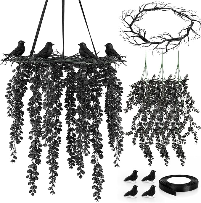 Marsui Halloween Wreath with Black Crows, 16.5 Inch Gothic Chandelier Decor