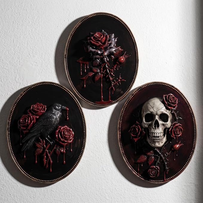 Junkin 3 Pcs Halloween 3D Gothic Skull Wall Decor, Vintage Halloween Decor - skull wall art