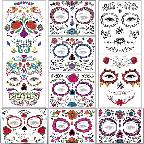 Halloween Temporary Face Tattoos Makeup Kit, Day of the Dead Sugar Skull Floral Black Skeleton Web Red Roses Full Face Mask Stickers Tattoo Families Party Supplies - sugar skull makeup