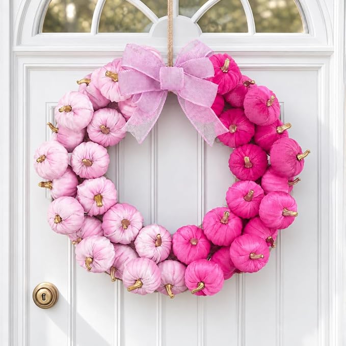 Velvet Pink Halloween Wreath for Front Door 18.9 Inch Breast Cancer Decor