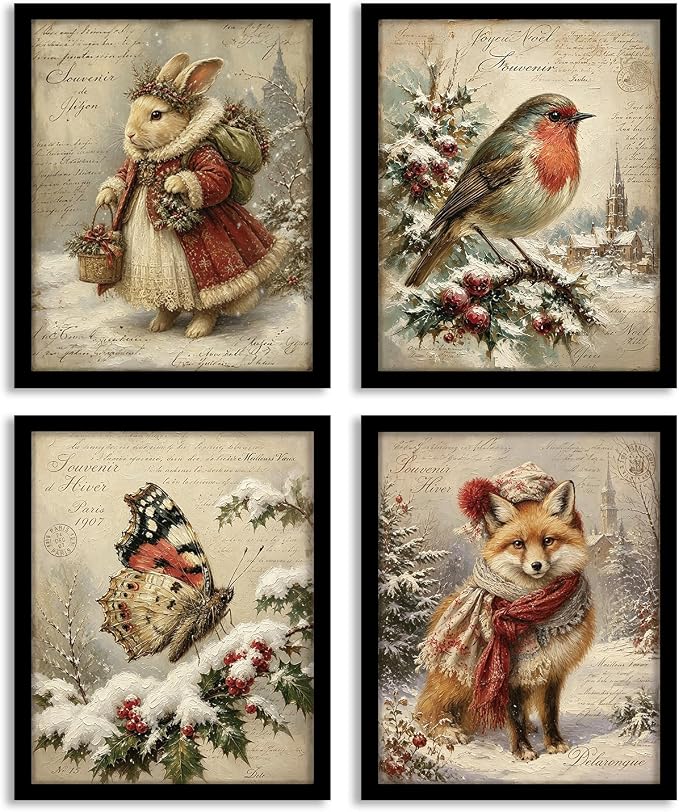 DSHFG Vintage Christmas Woodland Decor Xmas Wall Art Posters Prints 8x10 - skull wall art