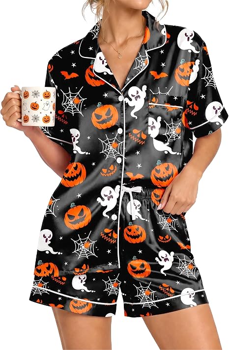 Womens Silky Pajama Sets Short Sleeve Loungewear 2 Pcs Satin Soft Pj Sets Button Down Women's Summer Sleepwear - skull pajamas