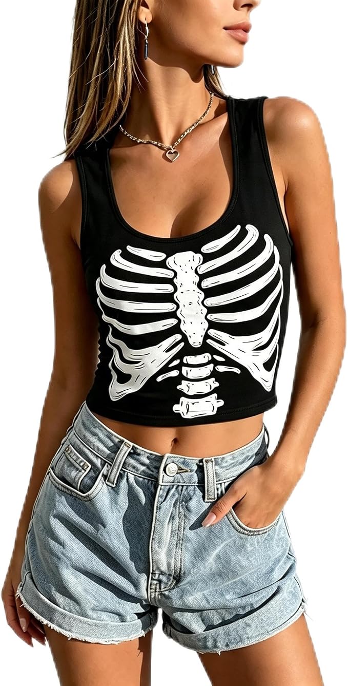 Women's Skeleton Tank Top - Funny Bone Graphic Sleeveless Vest - Halloween Horror Shirt Casual Workout Tee - skull tank tops