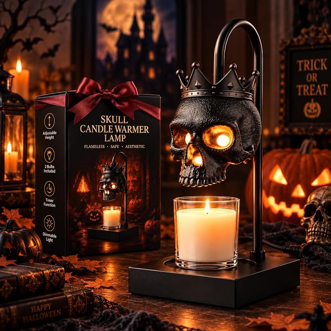 Skull Candle Warmer Lamp with Timer & Dimmer, Adjustable Height, 2 Bulbs - skull candle