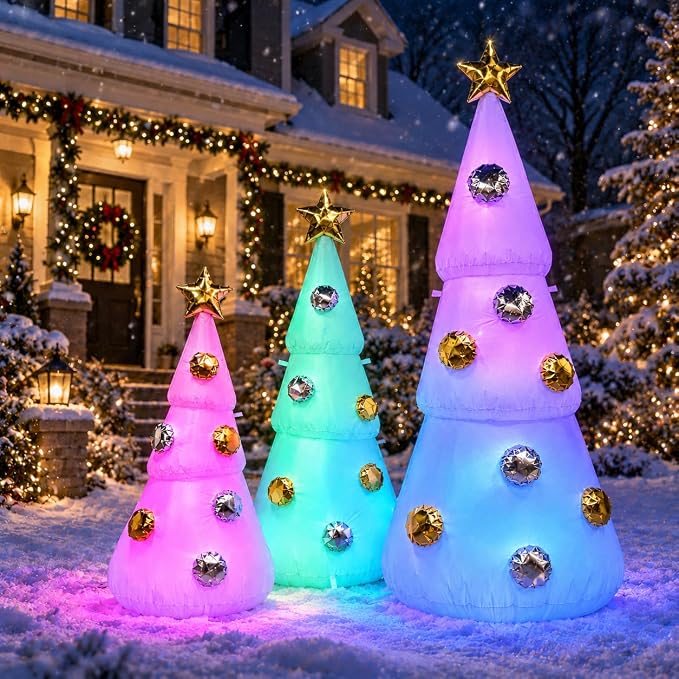 7FT Christmas Inflatables White 3 Tree Set, Blow Up Decor with Color LED - skull inflatable