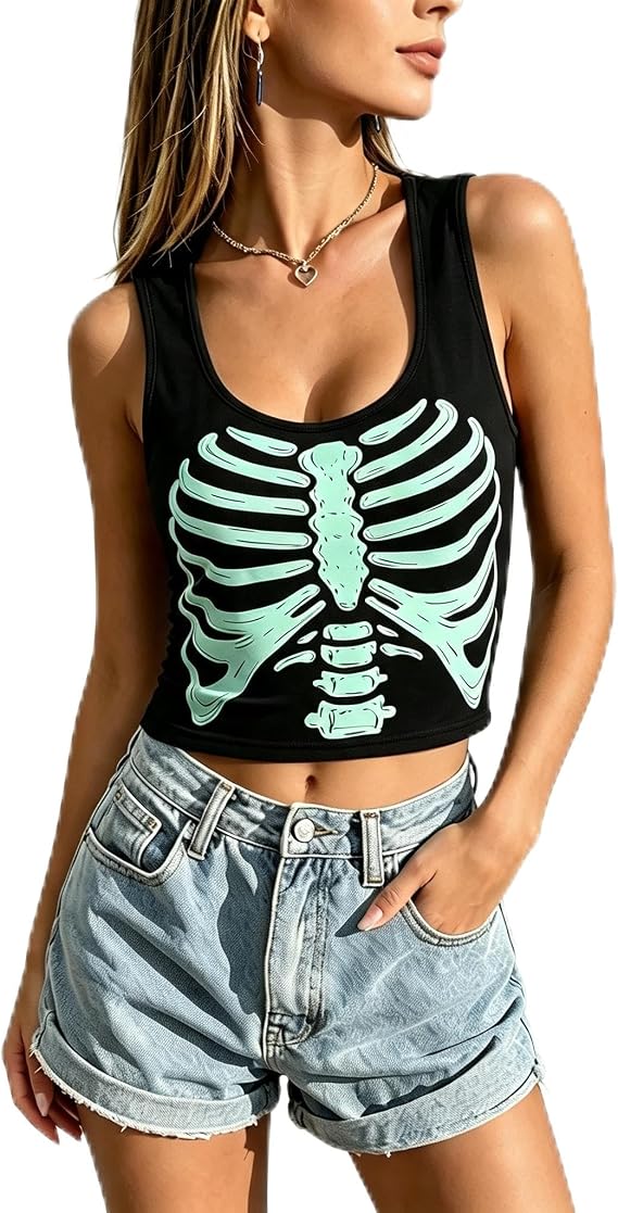 Women's Skeleton Tank Top - Funny Bone Graphic Sleeveless Vest - Halloween Horror Shirt Casual Workout Tee - skull tank tops
