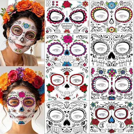 Day of the Dead Face Tattoos 8 Sheets - Halloween Temporary Tattoos Sticker Kit Día de Los Muertos Glitter Red Roses Skeleton Sugar Skull Fake Tattoo for Halloween Makeup on Face Body - skull sticker