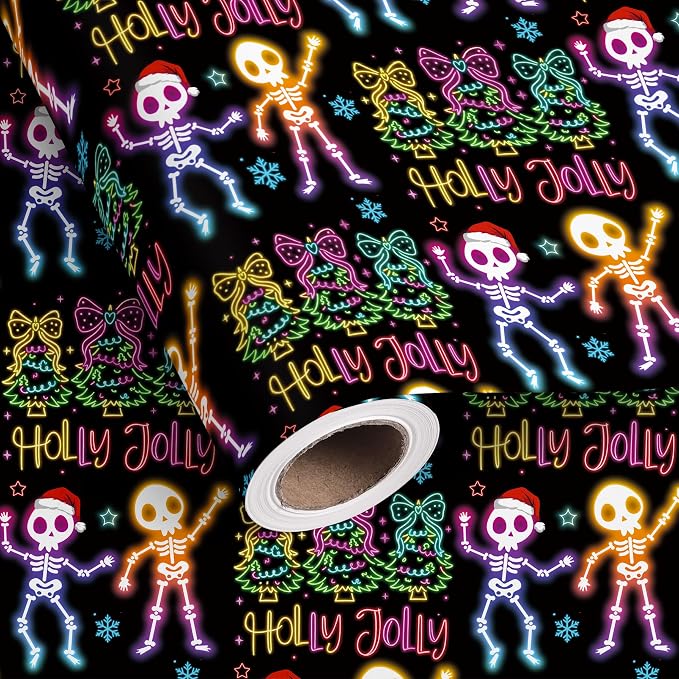 Vnaaem Gothic Christmas Wrapping Paper Roll for Boys Girls - Black Neon Style Dancing Skeleton, Xmas Trees with Bows snowflakes Design Gift Wrap for Holiday Winter Party Birthday(Total 28.5 sq.ft) - skeleton