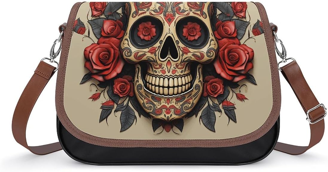 Red Rose Sugar Skull Shoulder Bag for Women PU Leather Crossbody Purse with Adjustable Strap Small Purse Cute Clutch Hobo Handbag - sugar skull handbags for sale