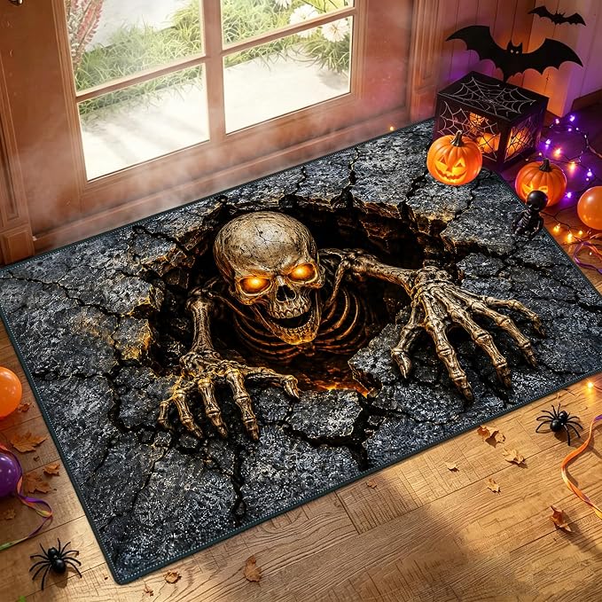 Halloween Skeleton Area Rug 2×3 Entryway Rug,Hell Skull Door Mat for Kitchen,Sunroom,Front Door Washable Non Slip Rubber Backing Halloween Decoration Indoors Outdoors