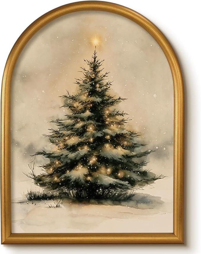 VIYYIEA Gold Arched Framed Christmas Tree Wall Art, Cozy Winter Pine Prints - skull painting