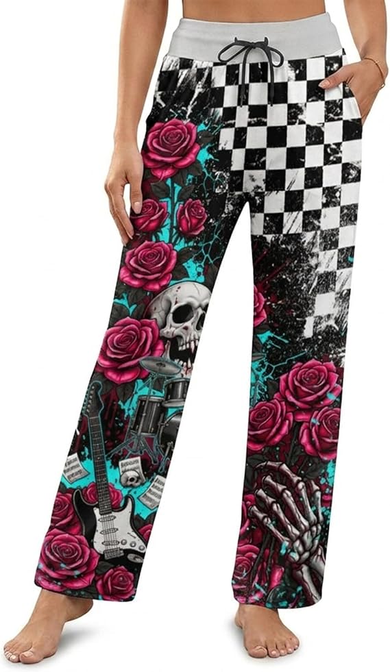 Funny Women's Pajama Pants Soft Casual Pajama Bottoms Comfy Wide Leg Sleep Pants With Pockets Drawstring - skull pajamas