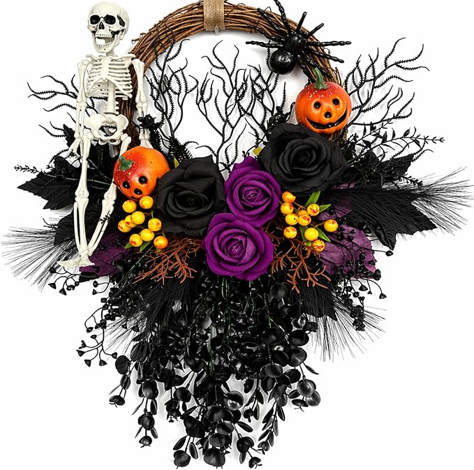 Halloween Wreath for Front Door 16″ Dark Gothic Skull Spooky Decor