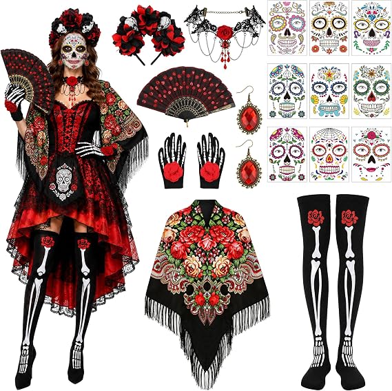 19 Pcs Day of the Dead Costume Accessories for Women, Floral Shawl - sugar skull costume
