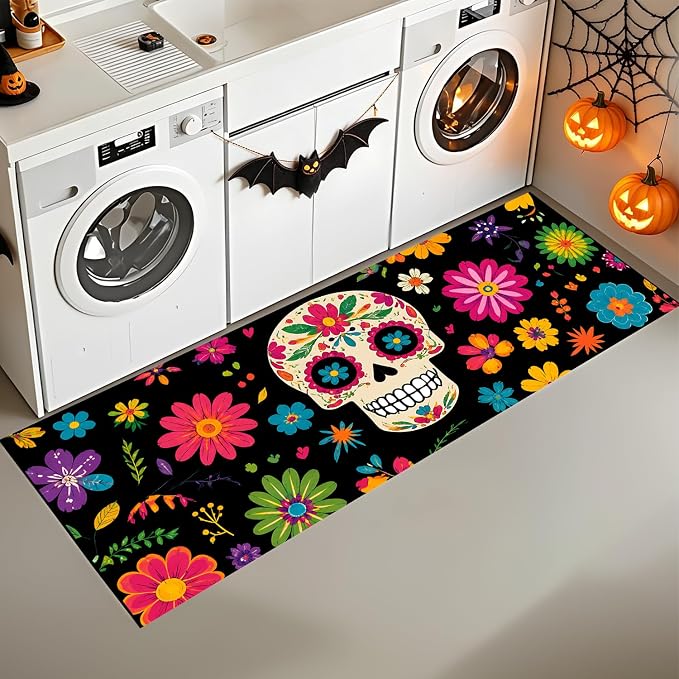 Sugar Skull Halloween Laundry Room Rug 20x47 Inch – Colorful Floral Day of the Dead Non Slip Runner Mat, Boho Kitchen Rug, Decorative Laundry Floor Carpet - skull floor mat