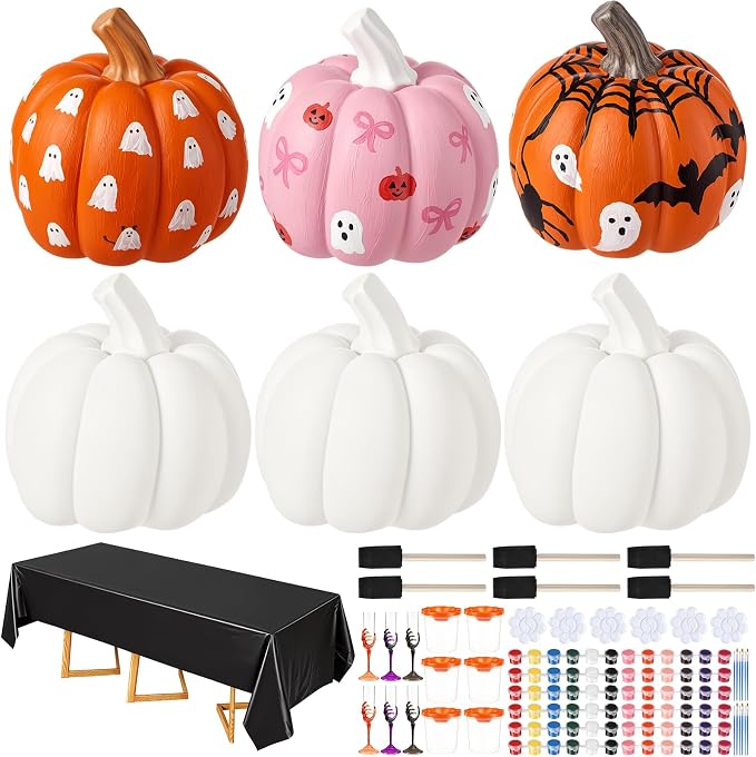 Romooa 6 Set Halloween Sip and Paint Kit for Adult Ceramic Pumpkin to Paint - skull painting