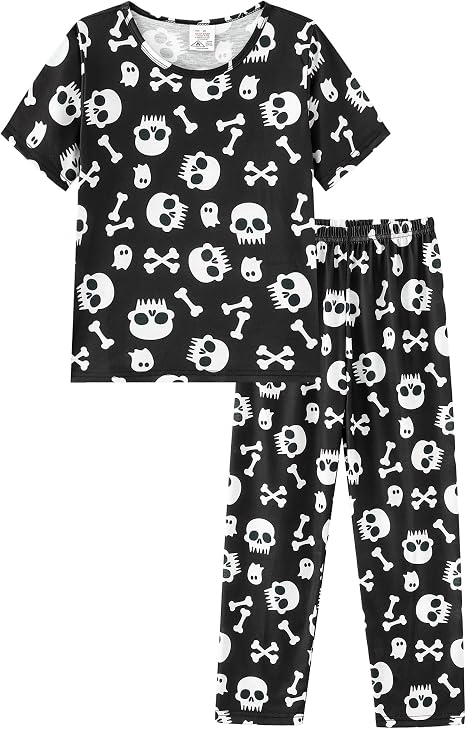 MyFav Boy Pajamas Set Halloween Kids Sleepwear Glow in the Dark Cute Short Sleeve Long Pants Night Clothes - skull pajamas