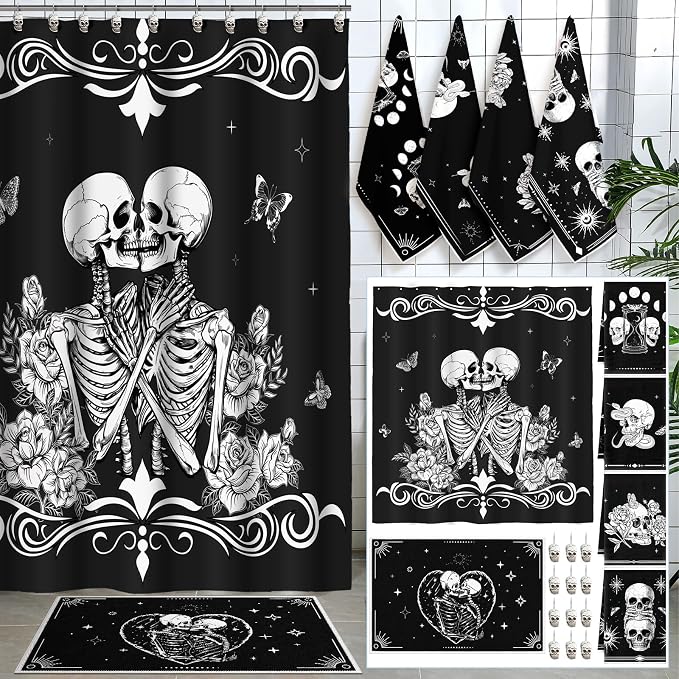 Fourluoo 18 Pcs Halloween Skeleton Love Curtain Set, Black White Bathroom - skull rug