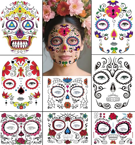 Halloween Temporary Face Tattoos Makeup Kit, Day of the Dead Sugar Skull Floral Black Skeleton Web Red Roses Full Face Mask Stickers Tattoo Families Party Supplies - skull sticker