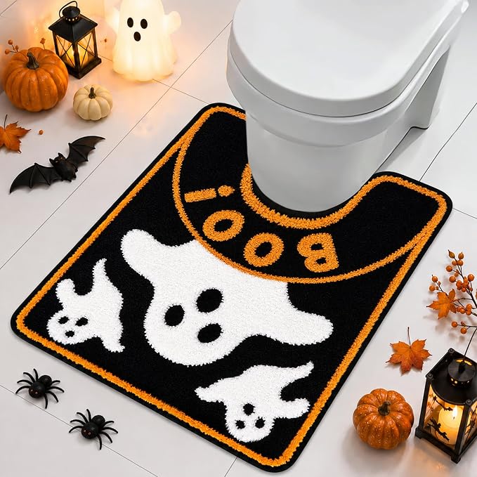 Halloween Toilet Rug U-Shape Bath Mat - Spooky Ghost Boo! Design - skull toilet mat