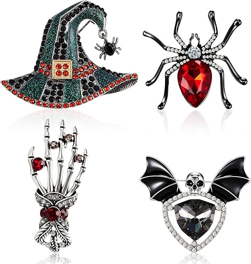 Ecally Halloween Pins Set Rhinestone Gothic Brooch Pin for Women - skull jacket