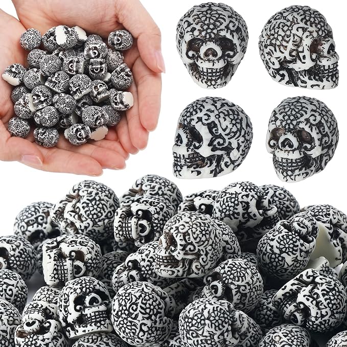 RattanView 50 Pcs Mini Halloween Skull Figurines Bulk 0.9 Inch Resin - skull figurine