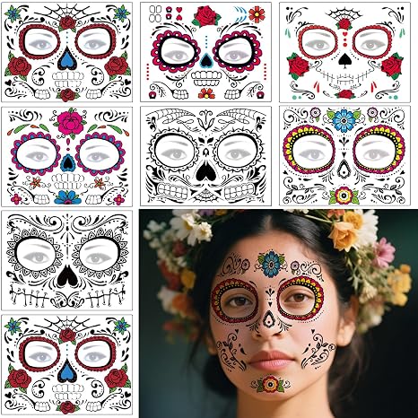 Day of the Dead Face Tattoos - 8 Sheet Halloween Temporary Tattoos Face Sticker Kit Día de Los Muertos Glitter Red Roses Skeleton Sugar Skull Fake Tattoo for Halloween Makeup on Face Body - sugar skull makeup