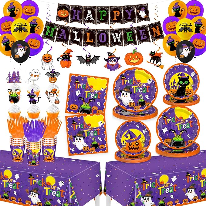 Halloween Plates and Napkins, 169Pcs Happy Halloween Party Supplies Set - skull plate