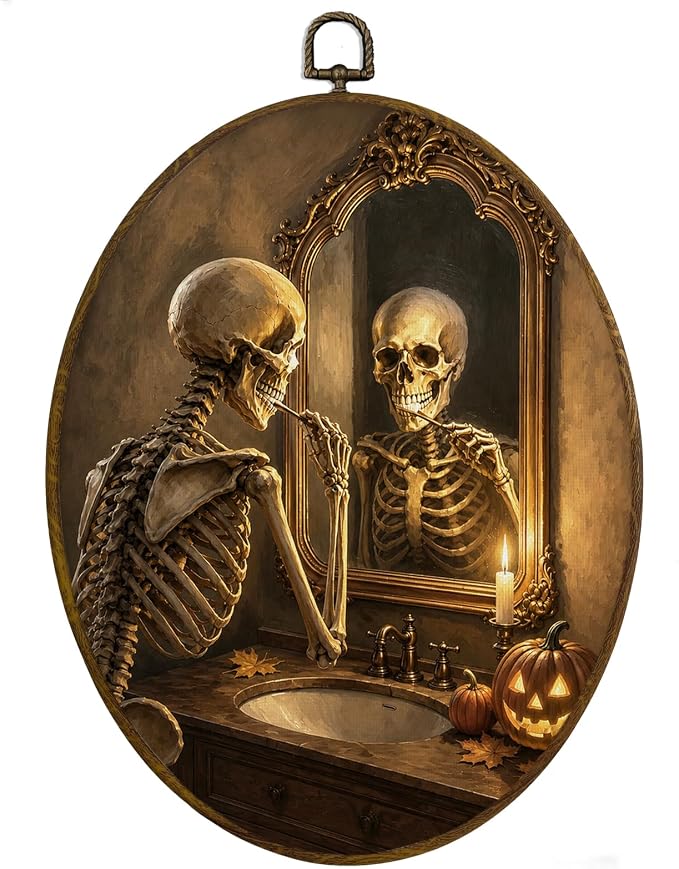 MAQIKA Halloween Skeleton Bathroom Framed Oval Wall Art Home Decor 8.7x11.3 - skull wall art