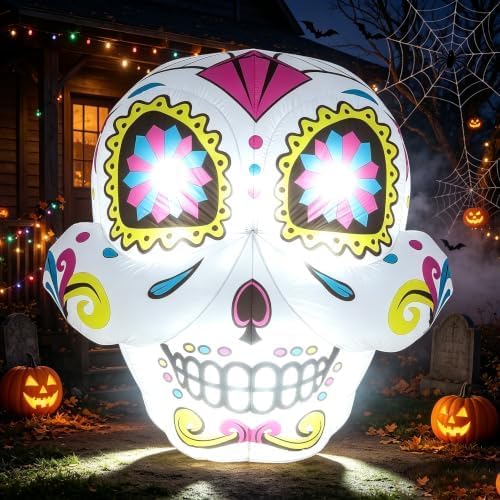 3.2FT Inflatable Skull Decoration, Lighted Blow Up with LED Lights for Halloween Yard Outdoor Party Decor - skull inflatable