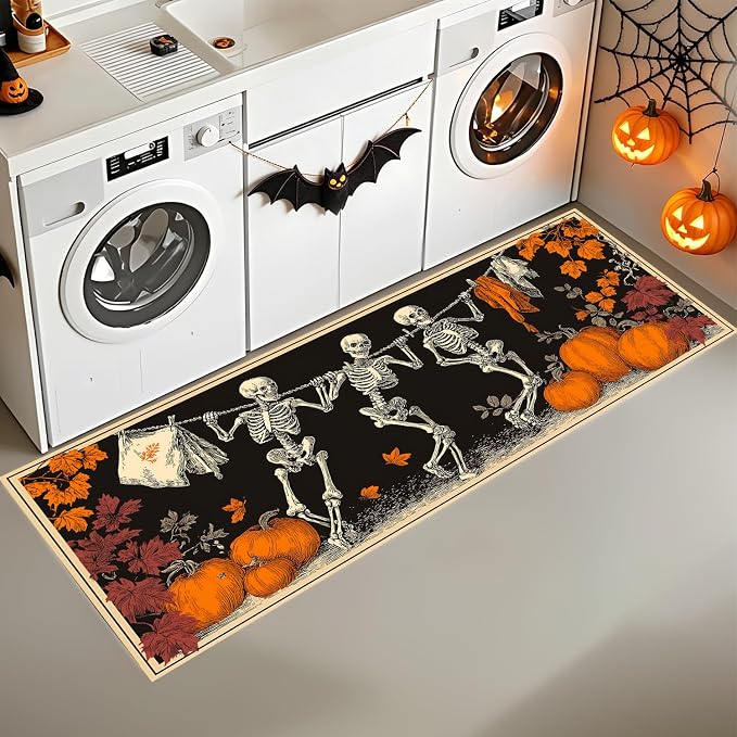 Skeleton Halloween Laundry Room Rug 20x47 Inch, Pumpkin Runner Floor Mat - skull carpet